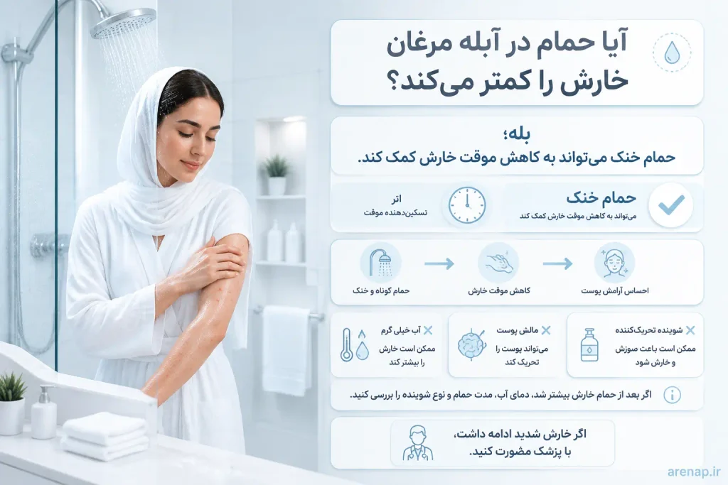 تأثیر حمام در آبله مرغان بر خارش پوست و نکات مهم مانند پرهیز از آب داغ و شوینده‌های تحریک‌کننده