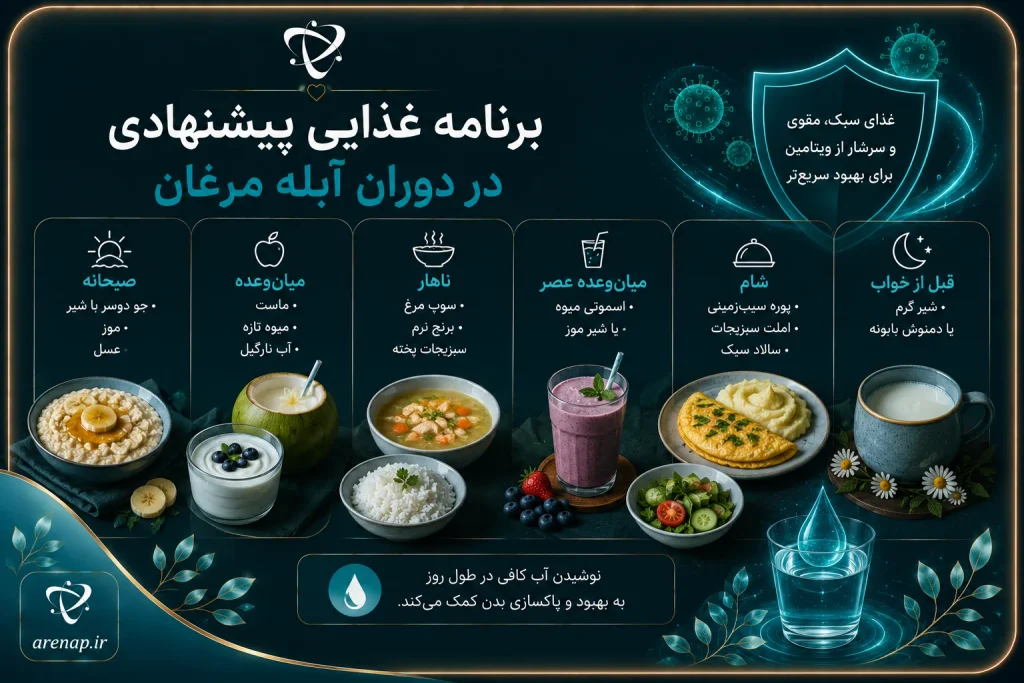 برنامه غذایی پیشنهادی و رژیم غذایی آبله مرغان برای یک روز