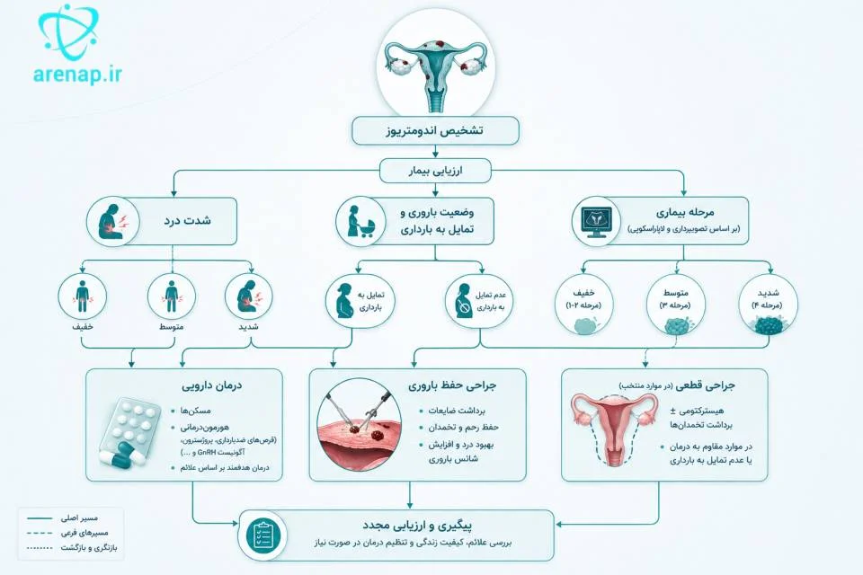 اینفوگرافیک مسیر تصمیم‌گیری برای درمان اندومتریوز بر اساس علائم و باروری-ارناپ