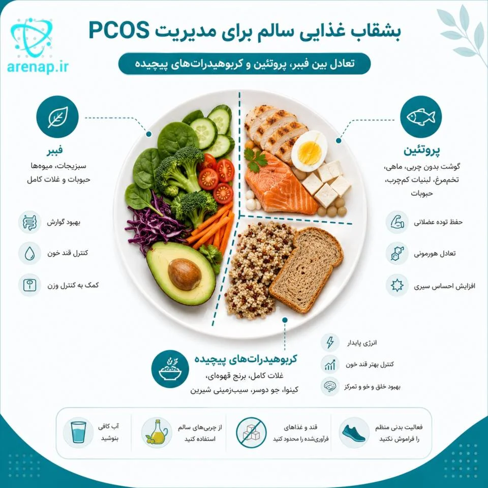 اینفوگرافیک بشقاب غذایی سالم با فیبر، پروتئین و کربوهیدرات‌های پیچیده برای مدیریت PCOS-ارناپ