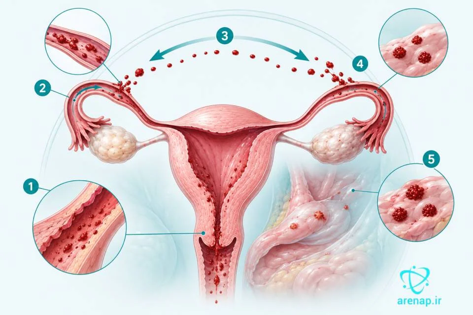 شماتیک فرضیه قاعدگی برگشتی در ایجاد اندومتریوز-ارناپ