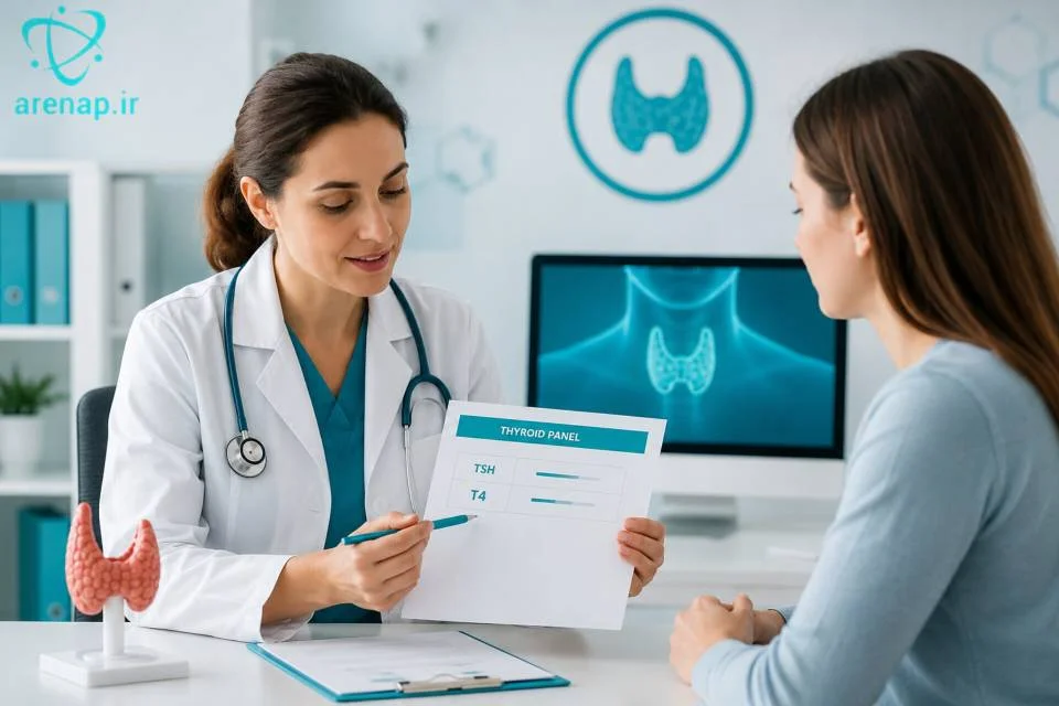 پزشک در حال بررسی نتایج آزمایش تیروئید و مشاوره درباره پیگیری وضعیت بیمار -ارناپ