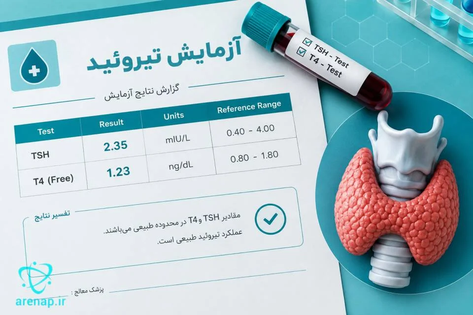 نمای شماتیک غده تیروئید و برگه آزمایش TSH و T4 برای بررسی عملکرد تیروئید -ارناپ