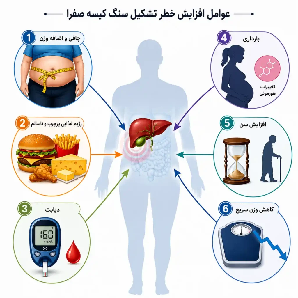 عوامل مؤثر بر ایجاد سنگ کیسه صفرا شامل چاقی و اضافه وزن، رژیم غذایی پرچرب، دیابت، بارداری، افزایش سن و کاهش وزن سریع