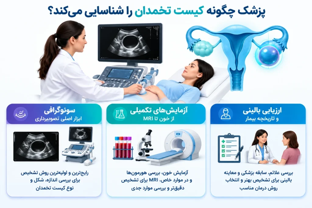 روش‌های تشخیصی کیست تخمدان شامل سونوگرافی، آزمایش‌های تکمیلی و ارزیابی بالینی توسط پزشک - آرناپ