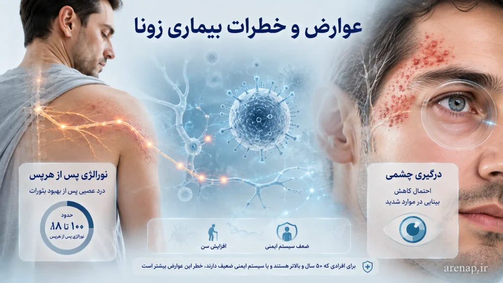 تصویر عوارض بیماری زونا شامل نورالژی پس از هرپس و درگیری چشمی؛ اهمیت تشخیص و درمان بیماری زونا