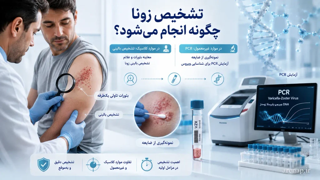 تصویر تشخیص زونا با معاینه بالینی، نمونهگیری از ضایعه و آزمایش PCR برای شناسایی ویروس؛ مرتبط با درمان بیماری زونا
