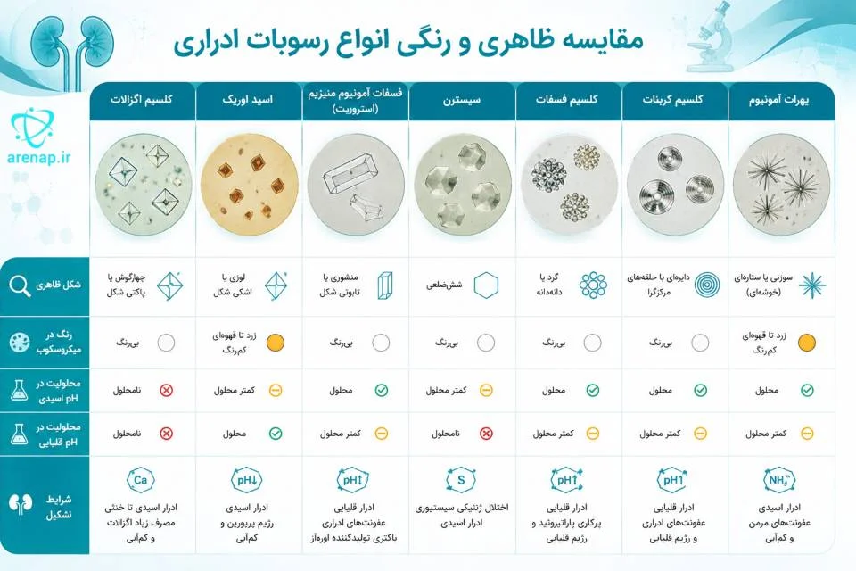 مقایسه شماتیک رنگ و ظاهر انواع رسوبات ادراری - ارناپ