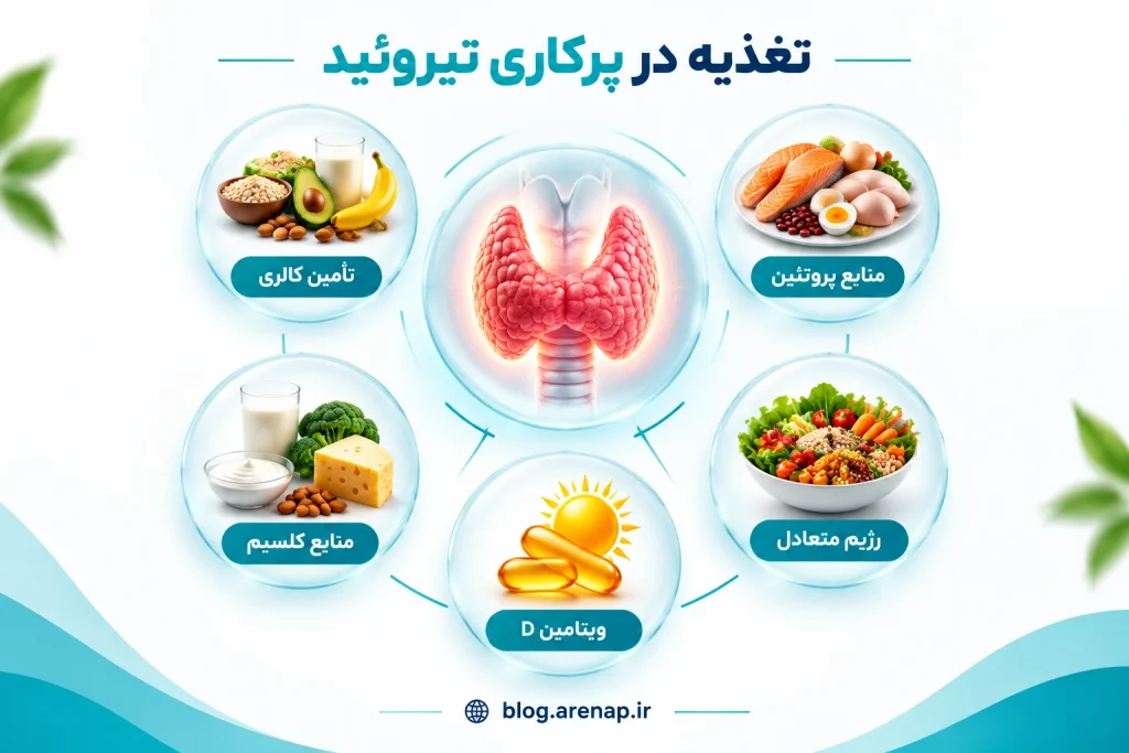 تغذیه در پرکاری تیروئید شامل تأمین کالری، منابع پروتئین، منابع کلسیم، ویتامین - آرناپ
